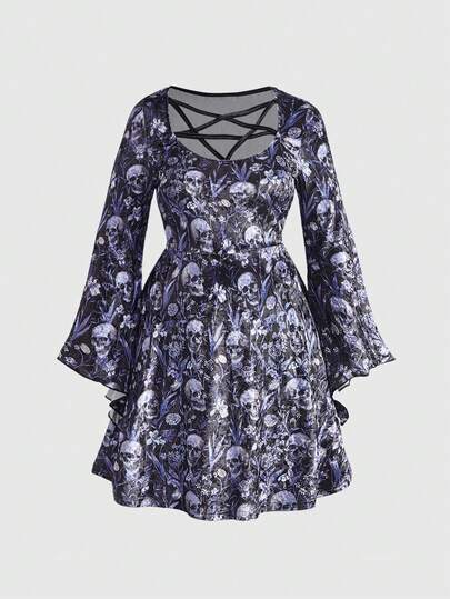 Goth Plus Size Pentagram Hollow Neck Design Cinched Waist Velvet Dress For Women