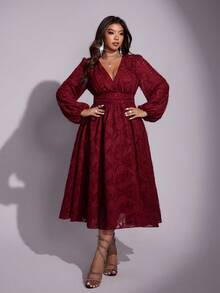 Viva Relle Plus-Size Deep V-Neck Long-Sleeve Waist-Cinching Solid Color New Year Dress - Burgundy - View 3
