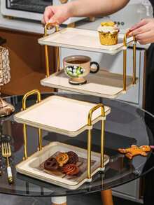 1 pieza Bandeja rectangular de 2 niveles de color blanco lechoso, para servir desayuno, pan, pastel - blanco lechoso - Ver 4