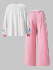 SHEIN ChillGRL Streecool 儿童休闲校园少女印花拼接条纹长袖上衣和工装裤两件套 - 粉色 - 查看 4