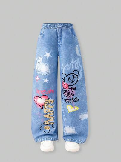 SHEIN Tween Girl Woven Letter Graphic Casual Straight Leg Non-Denim Pants