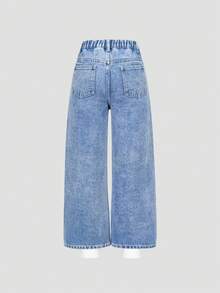 SHEIN ChillGRL Tween Girls Y2K Style Shiny Rhinestone Light Blue Denim Color Casual Loose Wide Leg Washed Jeans - Light Wash - View 2