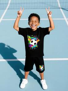 Fantacosmos Tween Boy Ink Printed Soccer Short Sleeve T-Shirt And Shorts For Summer - Black - View 1