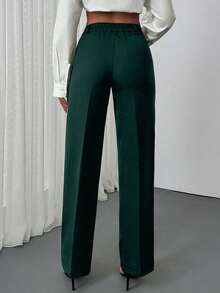 EURMUSE 经典系带细节长裤，高腰设计，前褶，商务正装，直筒剪裁，职业装，修身剪裁，办公室时尚，正式裤装，休闲商务风，线条简洁，传统风格，职场必备单品，优质面料，精致外观，企业服饰，现代廓形，商务正装 - 墨綠色 - 查看 2
