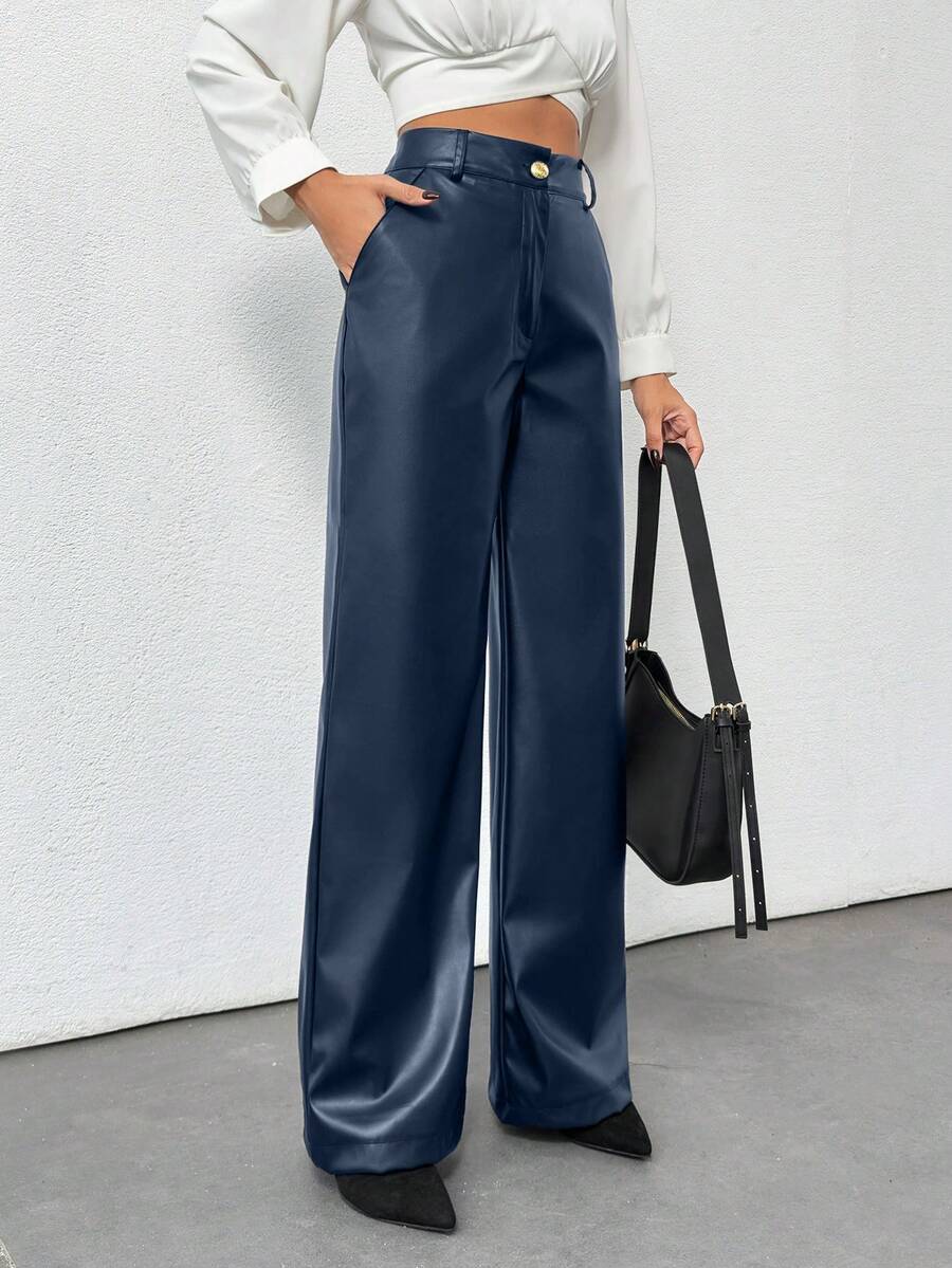 EURMUSE Gold Button Detailed Straight Fit Leather Pants - Navy Blue - View 1