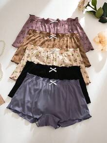 5pcs/Set Comfortable Ribbed Cotton Floral Print Ruffle Trim Boyshort Panties - Multicolor - View 4