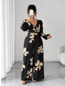 Elenzga Fashionable Autumn/Winter French Romantic Vintage Casual & Commute V-Neck Printed Waist Cinched Puff Sleeve Jumpsuit