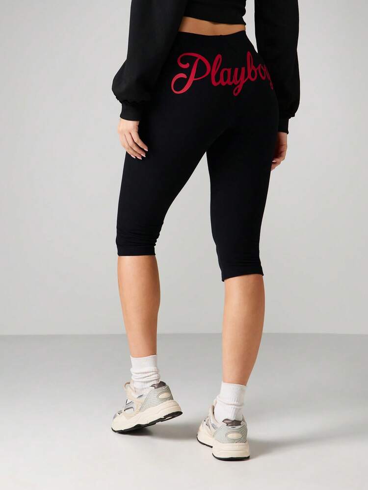 Missguided x Playboy Fitted Capri Leggings With Logo Print High Rise Mid Calf Length Sports Casual Stretchy Bottoms