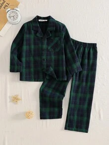 2 件套年轻男孩经典格子衬衫和裤子套装，休闲家居服 - 綠色 - 查看 1