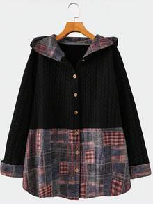 EMERY ROSE Veste à capuche casual en patchwork pour femmes grandes tailles