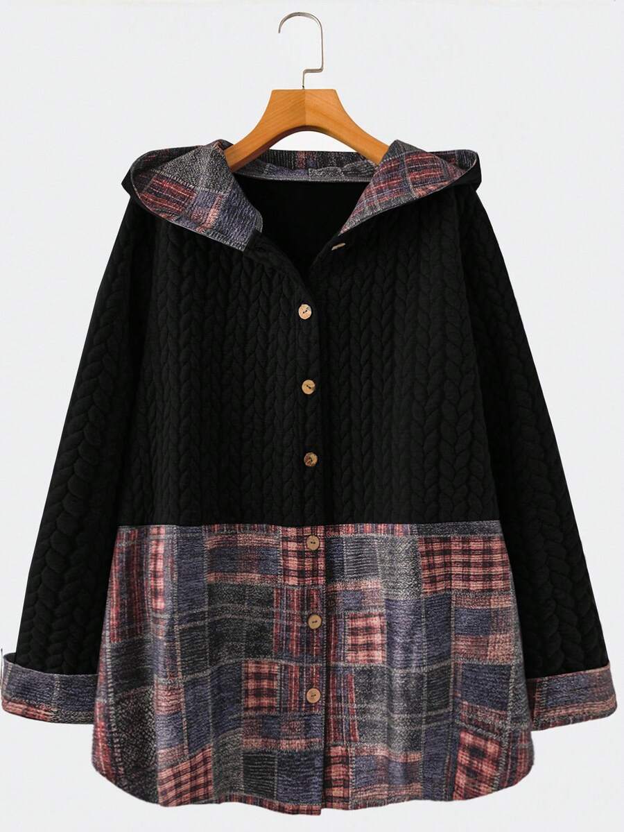 EMERY ROSE Veste à capuche casual en patchwork pour femmes grandes tailles