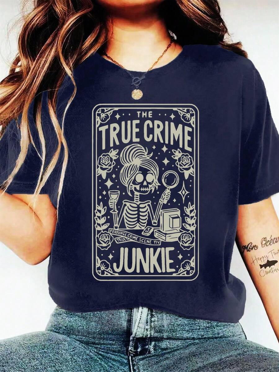 SHEIN LUNE Skull Girl Slogan Round Neck Short Sleeve Fashionable Plus Size Women T-Shirt Halloween - Blue - View 1