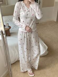 SHEIN 2件套少女碎花V领柔软舒适长袖上衣和裤子睡衣套装 - 白色 - 查看 4