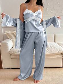 DAZY 3pcs Set Women Satin Lace Patchwork Robe, Camisole And Long Pants Pajama Set, Fall Winter Clothes - Baby Blue - View 5