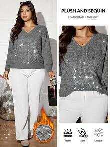 Zelara Áo len chui đầu rộng rãi đính sequin cỡ lớn cho nữ, Áo chui đầu đính sequin mùa thu/đông, Áo len đính sequin màu xám, Áo len màu xám lấp lánh, Áo len chui đầu màu xám, Áo len đính sequin nữ, Áo len nữ, Áo len đính sequin màu xám - Xám - Xem 10
