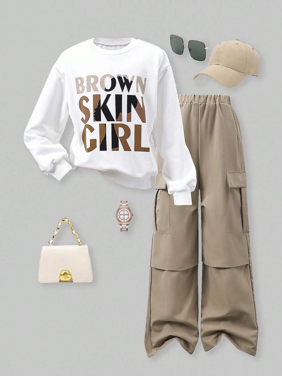 SHEIN ChillGRL 2 件套 Tween Girl 字母印花白色运动衫和卡其色工装裤休闲街头时尚服装 - 白色 - 查看 1