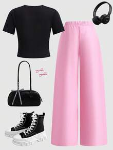 SHEIN ChillGRL Tween Girls Printed Round Neck Short Sleeve Top & Bow Decor Long Pants 2-Piece Set