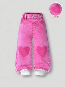 SHEIN ChillGRL Kleine Mädchen-Jeans in geradem, locker sitzendem Schnitt mit Herz-Stickerei, vielseitig einsetzbar, einfach, verwaschen, mit mehreren Taschen, geeignet für tägliche Ausflüge, Frühjahr/Sommer Neukollektion