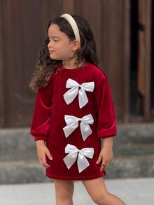 SHEIN Robe élégante à col rond et à ligne A avec nœud blanc contrastant pour jeunes filles, Noël, rouge, princesse, mignonne, velours, fête, rassemblement, assortie à la sœur, tenue pour meilleures amies - Rouge - Voir 3