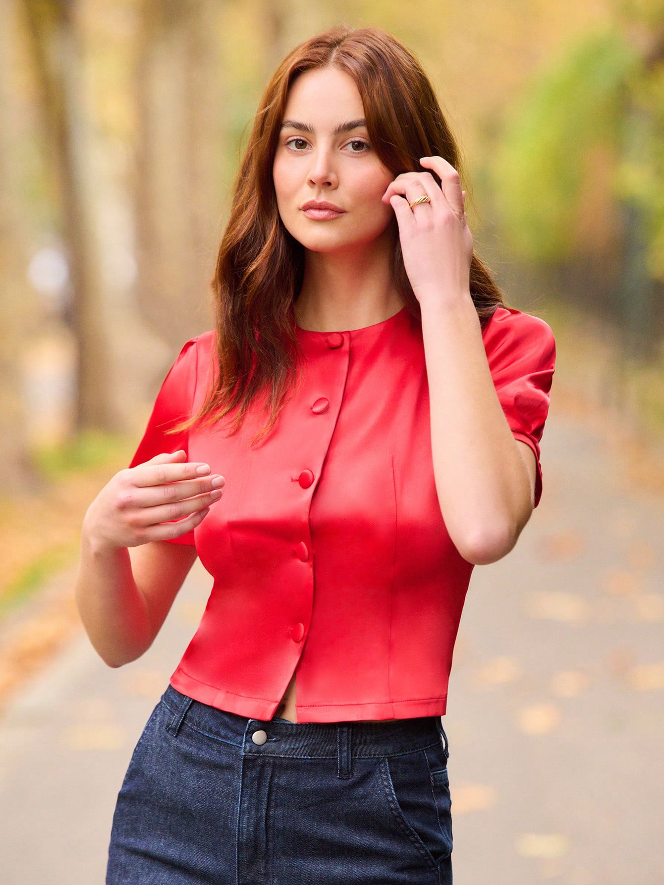 Red Satin Puff Sleeve Button Front Blouse Vintage Cute Style Party Winter Summer Going Out Spring Summer