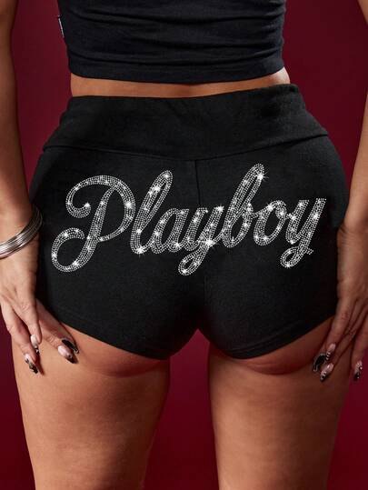 Missguided x Playboy Rhinestone Embellished Bunny Black Hot Pants With Sparkling Crystal Text Detailing Summer Festival Shorts, Vacation Outfit