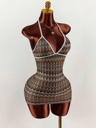 Amplova 女士波浪条纹性感紧身露背迷你连衣裙