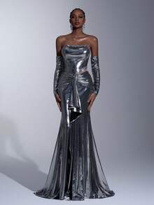 Elitara 优雅、浪漫、性感、简约、灰色、涂层面料、水钻装饰、时尚、节日、度假、生日派对、婚礼、正式晚宴礼服 - 灰色 - 查看 9