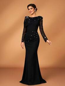 Serin 优雅奢华的串珠泡泡设计弹力针织网纱透视袖褶皱鱼尾裙，适合婚礼、派对、度假、晚宴、节日、新娘母亲晚礼服等场合。 - 黑色 - 查看 7