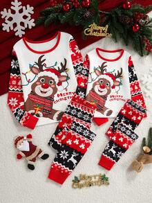 SHEIN 女孩可爱驯鹿圣诞印花柔软弹力长袖和裤子两件套睡衣套装 - 彩色 - 查看 3