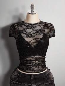 SHEIN ICON Áo thun tay ngắn hở lưng cổ tròn ren đen cỡ lớn - màu đen - Xem 3