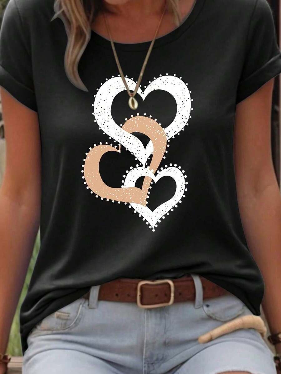 EMERY ROSE Women's Heart Pattern Printed Round Neck Short Sleeve Casual T-Shirt For Summer For New Year Clothes Graphic Tees Women Tops - Black - View 1