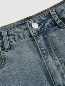 SHEIN MOD Women's Casual Versatile Denim Mini Skirt With Pockets And Rolled Hem - Blue - View 3