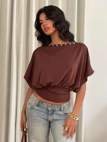 Siren Gaze Áo nữ ngắn tay thời trang màu trơn, thiết kế xếp ly, cài nút, có thể mặc theo nhiều kiểu, thích hợp đi chơi, đi biển, ngày Valentine, mùa xuân, màu nâu, phong cách Y2K, mùa hè thường ngày. - màu nâu - Xem 4