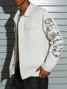 PAVTROS Slim-Fit Floral Print Denim Jacket, Cream White, Autumn/Winter Men White Denim Graphic Jacket Men Graphic Print Jacket Men Graphic Jacket - Beige - View 6