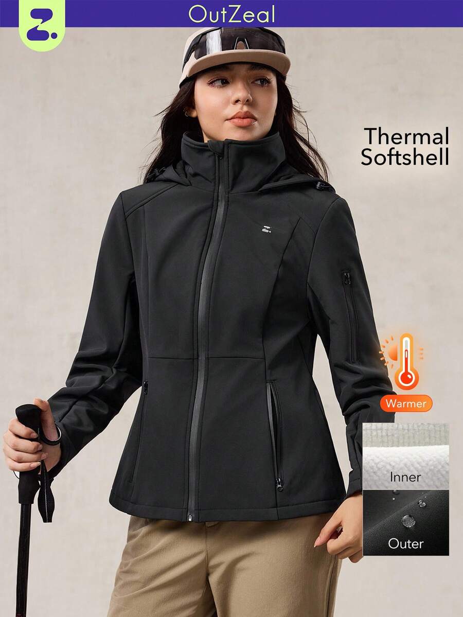 OutZeal 女士防水保暖带保暖内衬可拆卸帽子修身户外夹克冬季徒步露营 - 黑色 - 查看 1