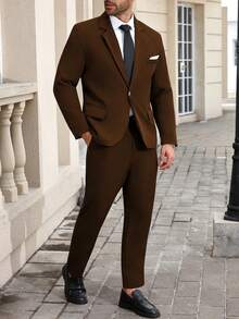 Manfinity Mode Plus Size Men's Single-Breasted Long Sleeve Suit Jacket And Pocket Suit Pants Set - Brown - View 5