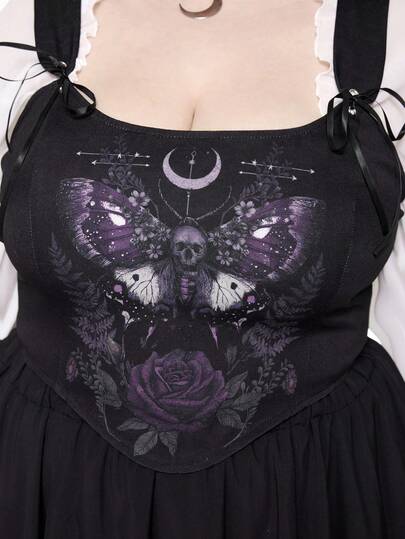 Plus Size Women Gothic Mysterious Butterfly & Floral Print Vintage Thick Strap Tank Top