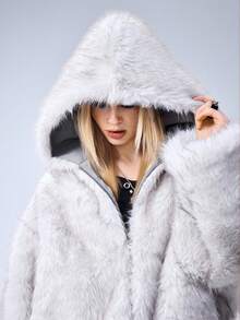 ROMWE EDITION Y2K仿皮草和麂皮双面穿女式韩流外套，适合秋冬季穿着 - 灰色 - 查看 7