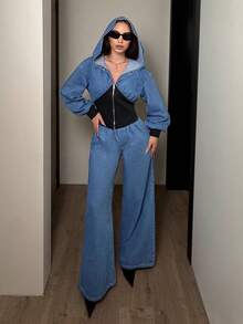 Jeanoix Women's Autumn Color Block Drop Shoulder Long Sleeve Zip Front Casual Hooded Denim Jacket - Blue - View 6