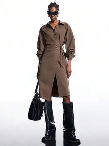 LYSMO Đầm midi tay dài xếp ly hở vai màu trơn dành cho nữ - Cà phê nâu - Xem 1