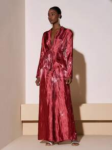 Zivah 2025秋冬新款音乐节、复活节、圣帕特里克节、西部风、游牧风、生日派对、毕业典礼、学院风、学生装、日常穿着、百搭、休闲、度假、邮轮旅行、海滩、日光浴、爆款、街头风、婚礼宾客波西米亚风、通勤、早午餐、机场、Y2K、复古破旧风 - 长袖系腰衬衫和阔腿裤两件套，亮面面料 - 酒紅色 - 查看 5