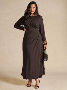 SHEIN BAE 大码女式优雅长袖褶皱连衣裙，黄色，秋冬 - 咖啡棕 - 查看 2