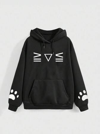 Kawaii Cute Emoticon Cat Print Loose Fit Hoodie Sweatshirt For Women