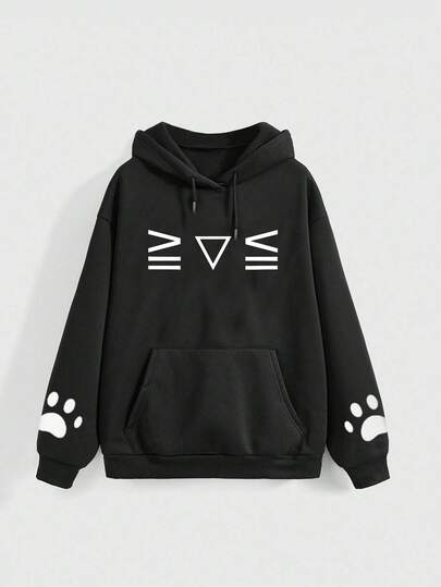 Kawaii Cute Emoticon Cat Print Loose Fit Hoodie Sweatshirt For Women