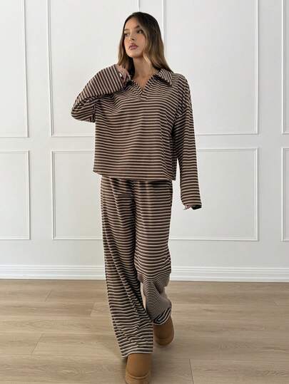 Siren Gaze Women's 2pcs Set Loose Striped V-Neck Drop Shoulder Long Sleeve T-Shirt &Elastic Waist Striped Pants, Winter Sweater Suit ,Autumn/Winter, Brown, Casual Sets For Women, New Year Clothes, Christmas Pajamas, New Year Pajamas, Family Christmas Matching Pajamas Set, Casual Sets For Women Brown Two Piece Set Women Spring