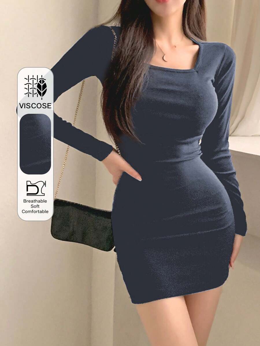 DAZY 女士优雅纯色长袖方领修身迷你连衣裙 - 藏蓝色 - 查看 1