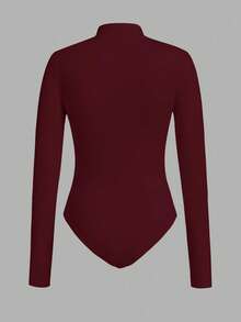 SHEIN EZwear 多色针织女式立领长袖休闲连体衣 - 酒紅色 - 查看 7