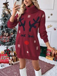 EMERY ROSE 超大圣诞驯鹿图案立领灯笼袖休闲中长毛衣连衣裙，时尚设计，适合秋冬季 - 紫紅色 - 查看 3