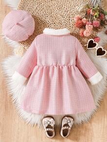 Souflis Souflis Vestido de niña bebé a cuadros con parches, cuello de piel sintética y decoración de lazo, adecuado para uso casual, de fiesta y diario - Rosa - Ver 2