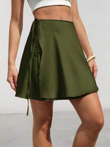 Aveloria Modichic Váy suông buộc dây cạp cao đơn giản, thanh lịch, tối giản, chất liệu satin trơn màu cổ điển kiểu Pháp mới dành cho nữ - xanh quân đội - Xem 7